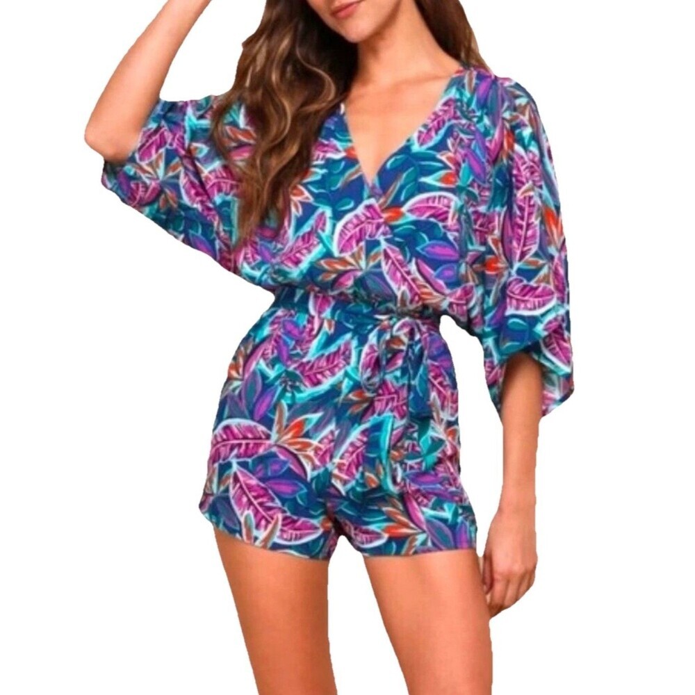 Lulus Romper Womens Small Tropical Floral Tie Waist Kimono Sleeve Boho Resort